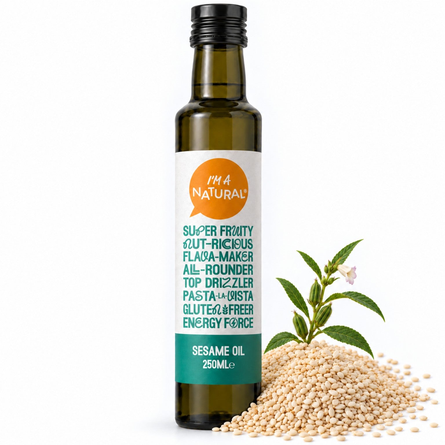 Sesame Oil 250ml with sesame seeds and sesame plant