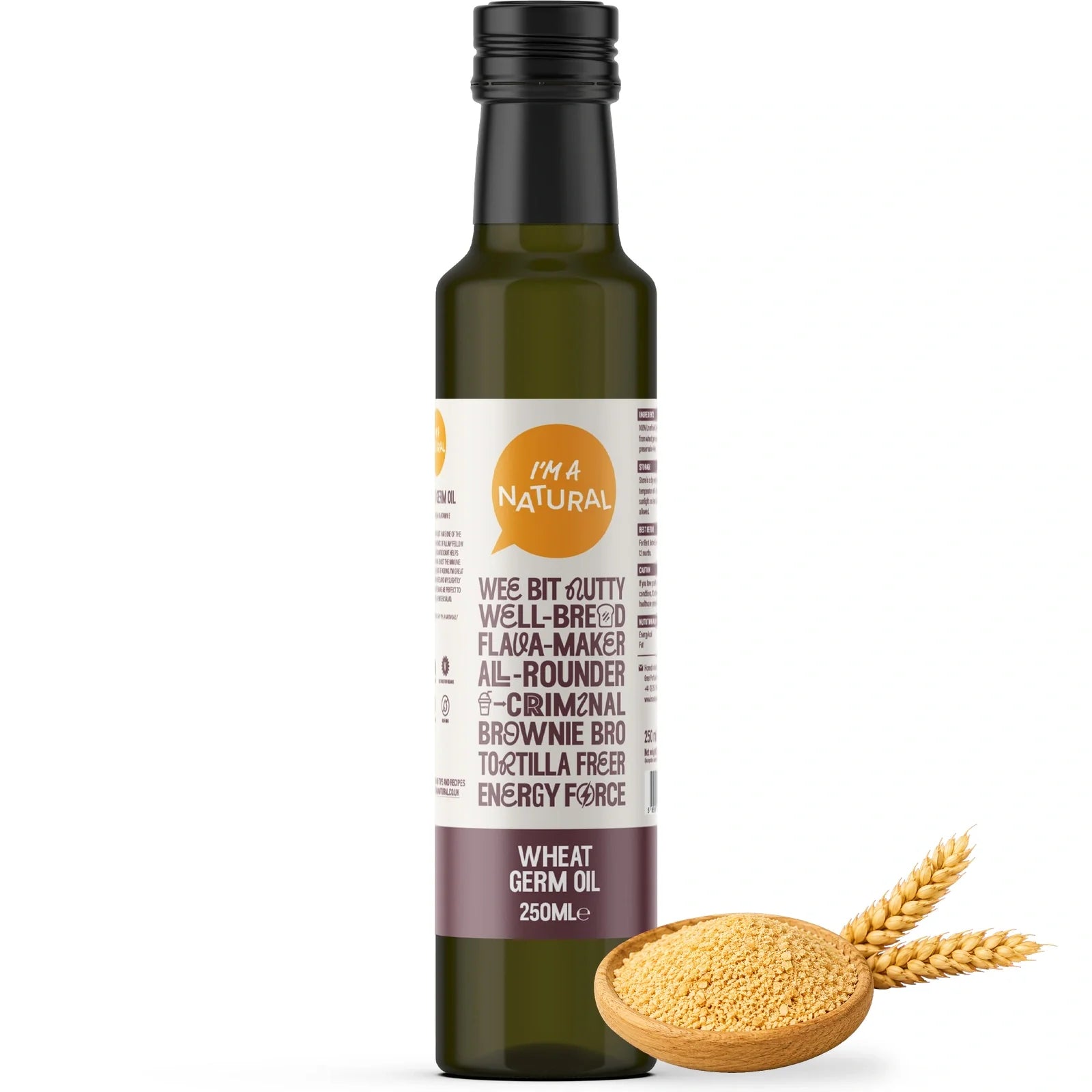 Cold pressed Wheatgerm Oil 250ml with a large bowl of wheat germ and wheat ears